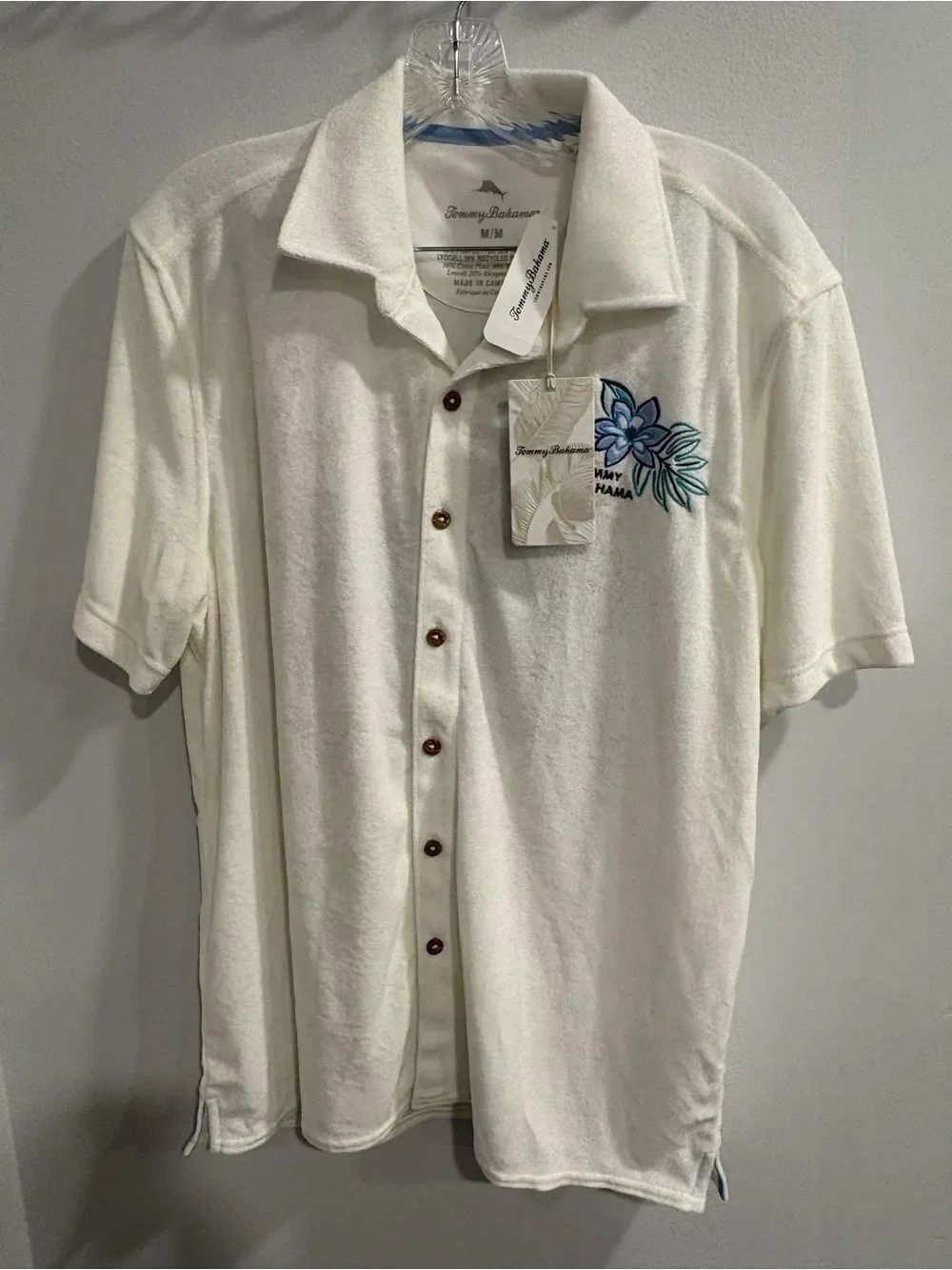 Tommy Bahama Cream Short-Sleeve Terry Button-Down with Blue Floral Embroidery